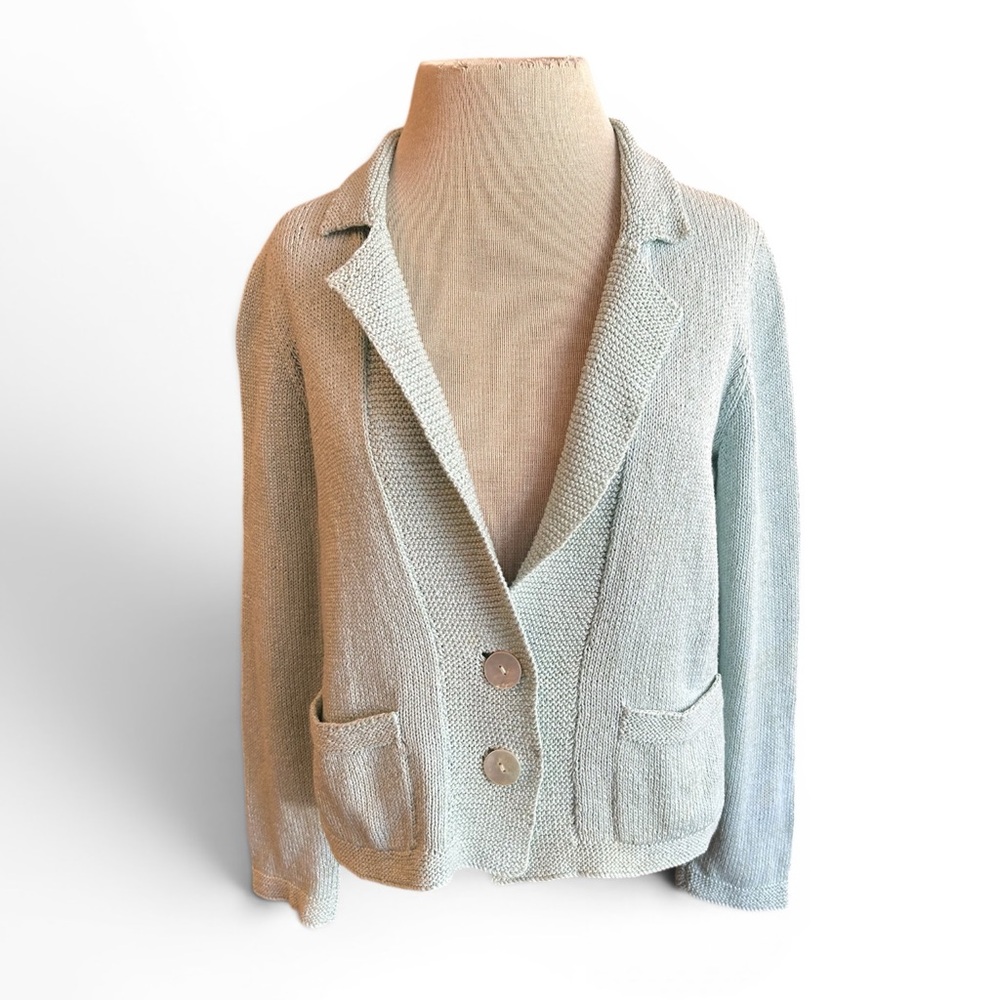 Vintage Marion Foale Cropped Knit Blazer Cardigan in Soft Blue pearl buttons